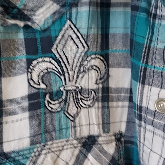 Pop Icon turquoise and white plaid cotton shirt - Picture 5 of 10
